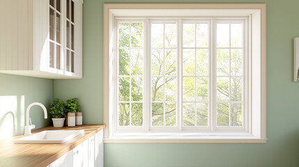 Fototapeta premium Bright and airy kitchen featuring large white window with view of lush greenery outside. serene atmosphere is enhanced by natural light streaming in, creating peaceful space