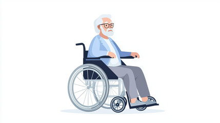 Elderly man in wheelchair, wearing glasses, light blue shirt, gray pants, and shoes. He appears thoughtful and calm, showcasing resilience and dignity