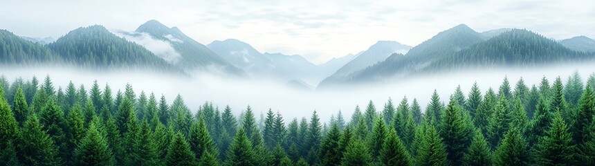 Fototapeta premium Breathtaking mountain landscape with mist enveloping evergreen forests, creating a serene and tranquil atmosphere. Perfect for nature enthusiasts and environmental themes.