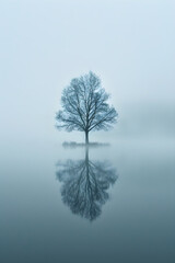 Ethereal Serenity: A Lone Tree Fading Into the Misty Landscape, Emphasizing Tranquility and Introspection
