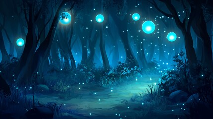 Enchanting Blue Forest Path Illuminated By Glowing Lights