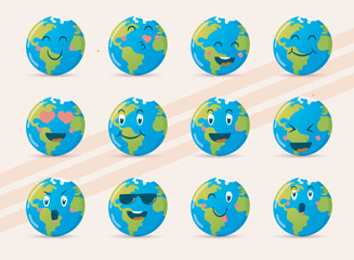 Set of vector icons featuring humorous emoticons and expressions of planet Earth