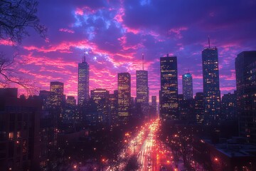 Fototapeta premium city skyline at sunset showcasing a mix of modern architecture and natural beauty with dramatic clouds painted in warm hues illuminating the horizon