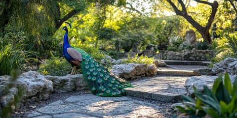 Obraz premium A vibrant peacock stands gracefully in a beautiful garden. Colorful feathers and lush greenery fill the scene. Nature's elegance is captured. Perfect for wildlife themes and artistic expressions. AI