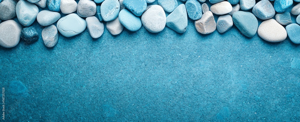 Poster smooth pebbles line the upper edge of a vibrant blue textured surface, creating a tranquil and minim