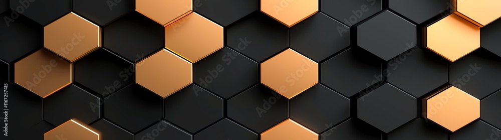 Poster Abstract design with black and gold hexagons creating a modern geometric pattern. Perfect for backgrounds, web design, and branding materials, adding a touch of elegance and style.
