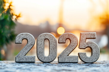 Concrete numbers representing year 2025, set against blurred background with warm bokeh lights. This captures hopeful and forward looking sentiment