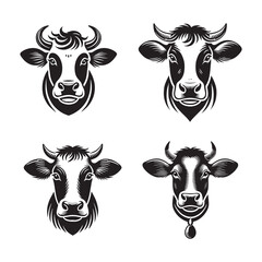 Cow Face Silhouette Vector Set - Detailed Animal Head Illustrations in Black and White