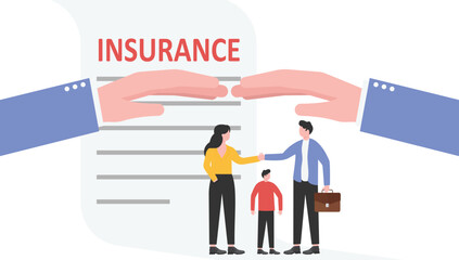 big businessman hand protect the family that standing on insurance document. Family and health insurance services concept.

