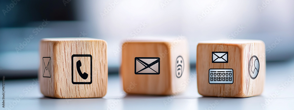 Poster wooden cubes with communication icons on blurred background, representing contact methods like email