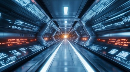 Obraz premium Futuristic tunnel, blue glow, orange accents.