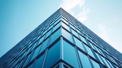 Obraz premium Striking Glass Skyscraper Reflecting Bright Blue Sky and Clouds