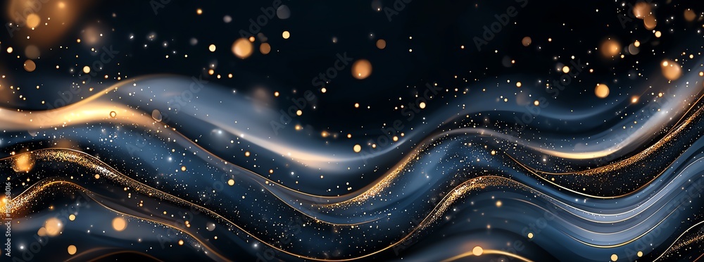 Poster elegant abstract background with flowing black and gold waves, complemented by sparkling particles. 