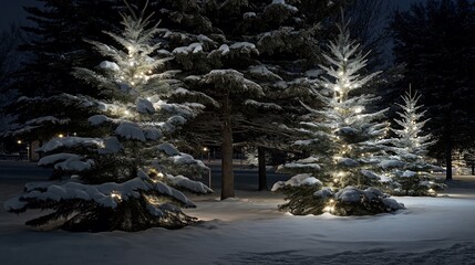 Snow-covered evergreen trees with twinkling lights, festive winter scene.
