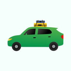 Fototapeta premium Illustration green car with dark windows is shown in profile view, carrying luggage on its roof, indicating a road trip or travel.
