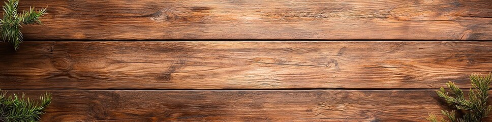 Fototapeta premium Top view of rustic wooden planks with evergreen branches