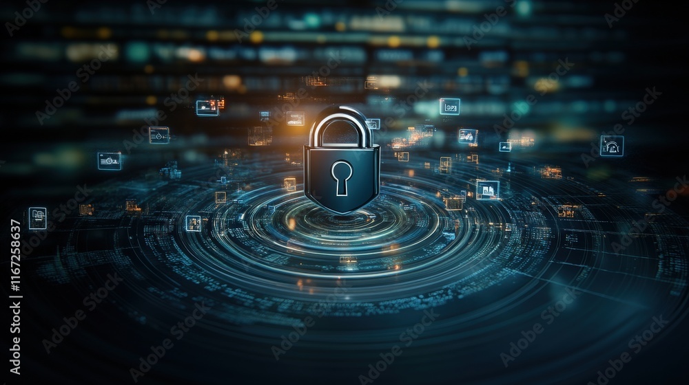 Poster futuristic digital security concept featuring a central lock symbol amidst a swirl of data, icons, a