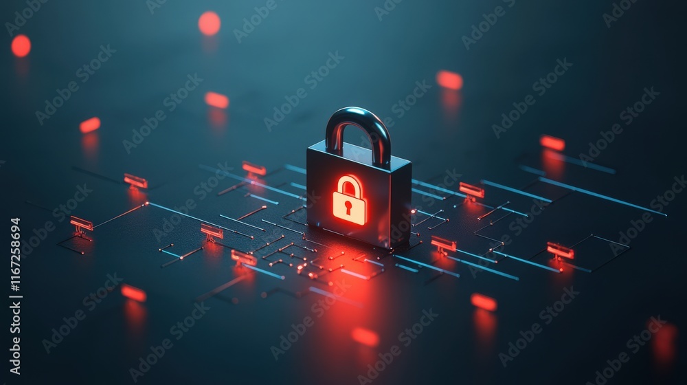 Poster Digital Security Concept with a Red Padlock Surrounded by Glowing Technology Elements, Representing Cyber Protection and Data Privacy in Modern Networks