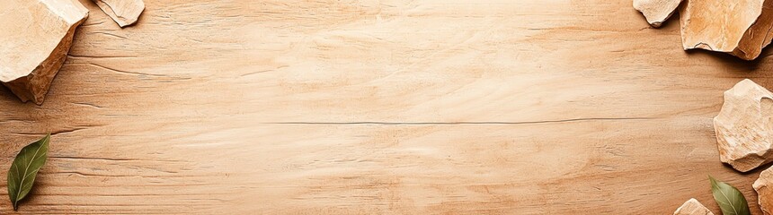 Rustic wooden background with scattered leaves and stones. Perfect for design, mockups, and presentations. Natural and earthy tones create a warm and inviting vibe.