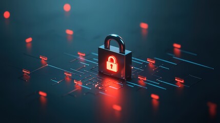 Digital Security Concept with a Red Padlock Surrounded by Glowing Technology Elements, Representing Cyber Protection and Data Privacy in Modern Networks