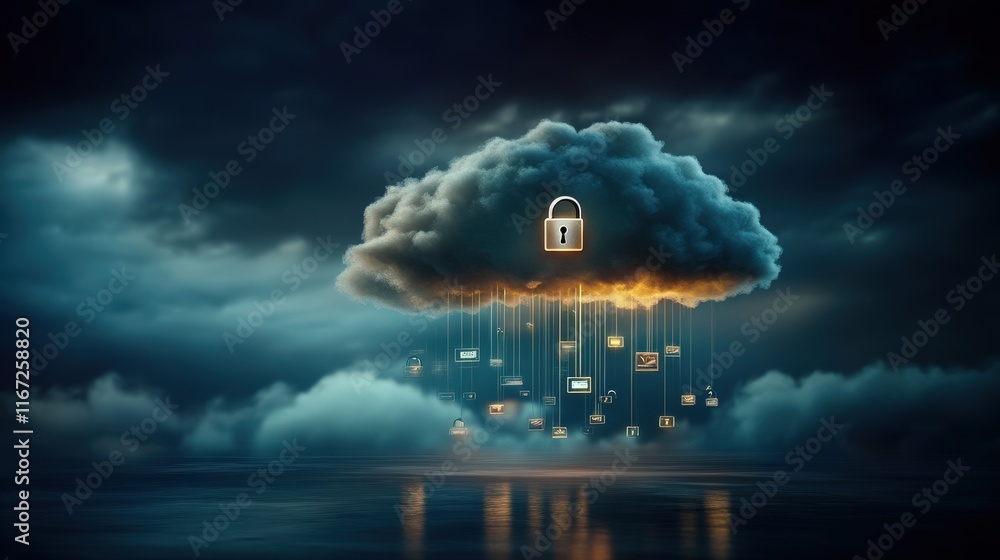 Poster dramatic cloudscape with digital lock symbolizing data security and protection against cyber threats