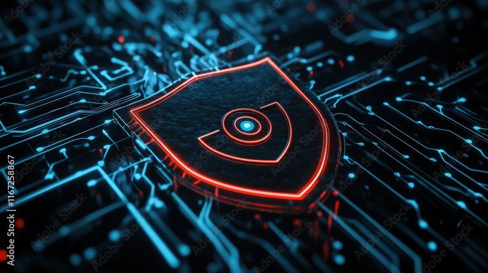 Poster Futuristic Digital Security Shield on Abstract Background of Cyber Circuitry Representing Protection Technology and Data Security Solutions for Modern Systems