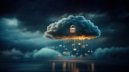 Dramatic Cloudscape with Digital Lock Symbolizing Data Security and Protection Against Cyber Threats in a Virtual Environment