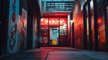 Fototapeta premium Red neon-lit shop in alley, graffiti covered walls.