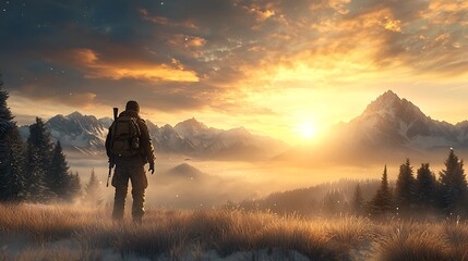 Professional capture of an experienced soldier in winter combat gear, navigating harsh alpine environment, golden sunset Ultra-Realistic, Photo Realistic, highly detailed, 