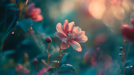 delicate flower blooms softly in dreamy garden, surrounded by lush greenery and gentle bokeh effect. scene captures serene and tranquil atmosphere