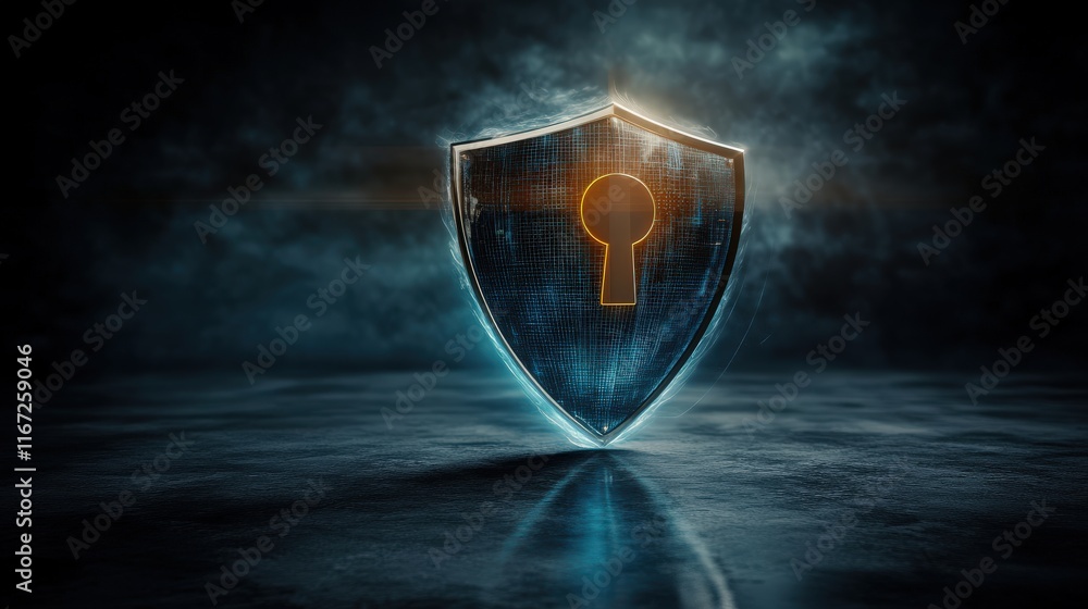 Poster futuristic digital shield with a keyhole symbol representing cybersecurity protection, privacy secur