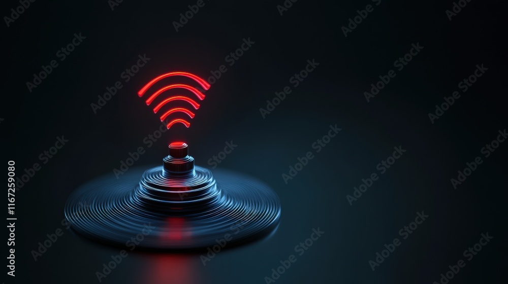 Aufkleber Vibrant Red Wi-Fi Signal Icon Radiating from Circular Base Against a Dark Background for Technology and Communication Concepts