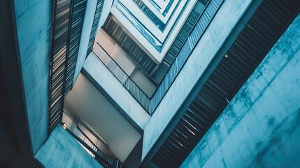 Multi-level concrete structure with stairs viewed from below.