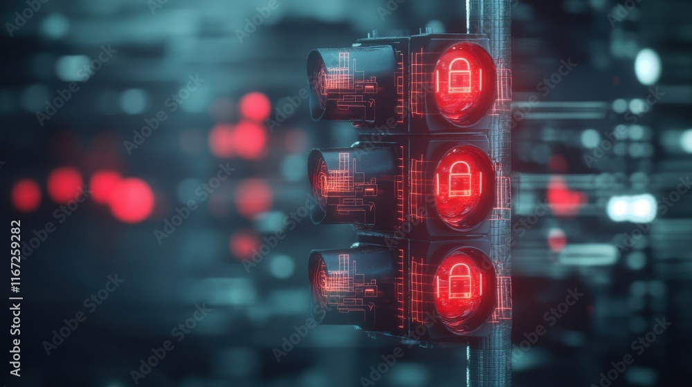 Poster Futuristic Traffic Light with Lock Symbol Displaying Red Signal amidst Digital Background of Codes and Lights, Illustrating Concept of Traffic Control and Security Systems