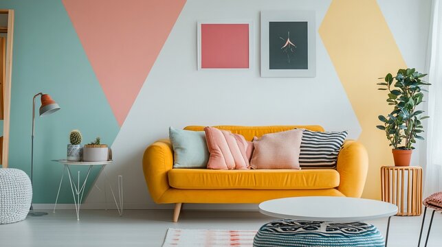 Colorful room with sofa and decor.