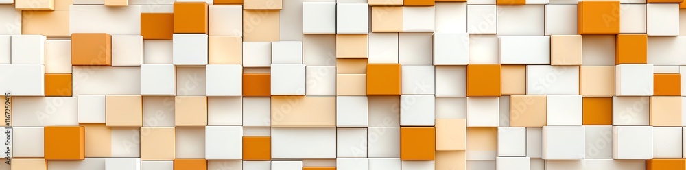 Poster abstract geometric 3d background with orange and white cubes randomly arranged in a dynamic pattern,