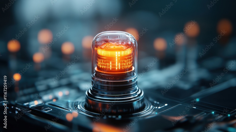 Poster futuristic technology concept featuring a glowing tube on a digital circuit board with vibrant orang