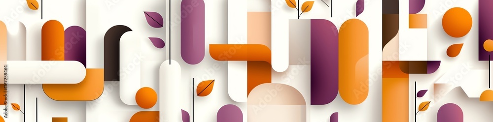Poster colorful abstract geometric composition with overlapping shapes and fall leaves. modern design suita