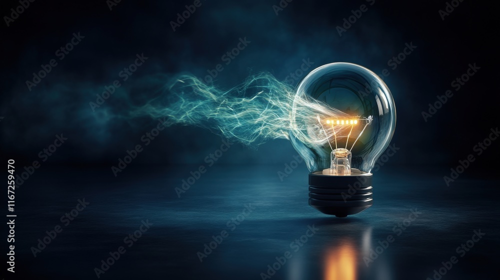 Poster a brilliant light bulb with electric energy surrounding it in a dark atmospheric setting, emphasizin