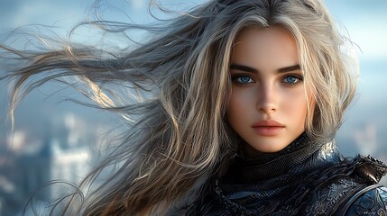 Striking capture of a battle-hardened warrior, blonde hair catching wind, dramatic mountain range backdrop Ultra-Realistic, Photo Realistic, highly detailed, 