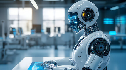 futuristic robotic system with advanced features is showcased in modern workspace, highlighting technology and innovation. robot intricate design and glowing elements emphasize its capabilities