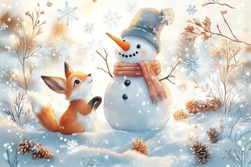 Whimsical Winter Scene with Snowman Bunny Fox Cute Christmas Illustration Soft Watercolor Pastel Colors Snowflakes Winter Flora