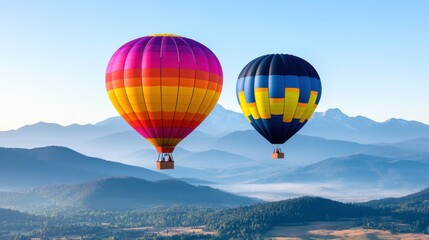 Obraz premium Two vibrant hot air balloons soaring over scenic mountains.