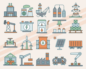Vector icons related to different industries including factories construction and manufacturing