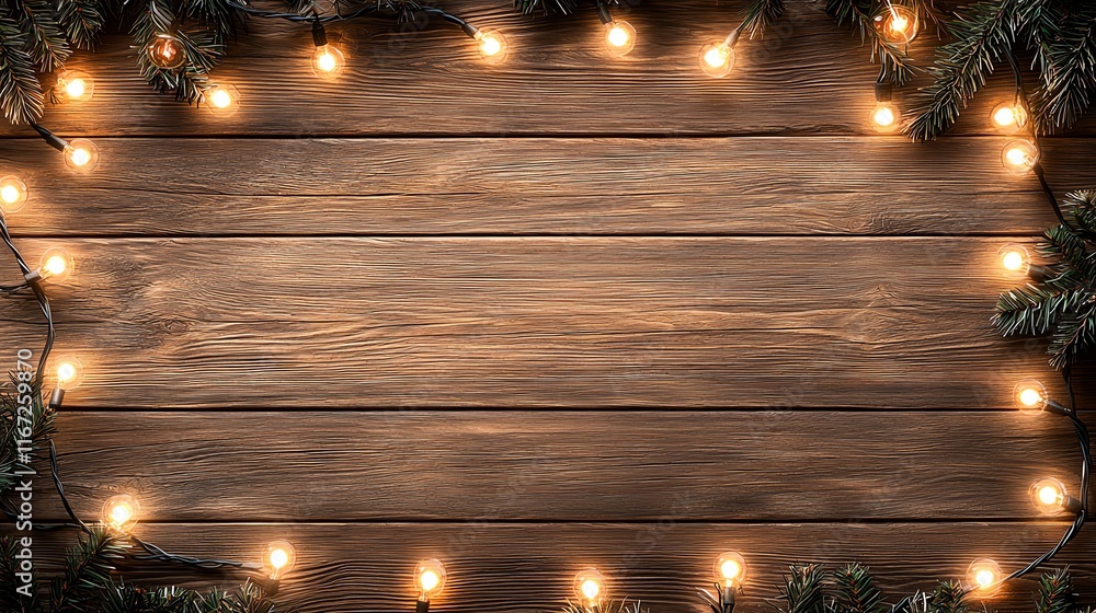 Aufkleber a rustic wooden background adorned with warm, glowing string lights and green foliage, ideal for a c