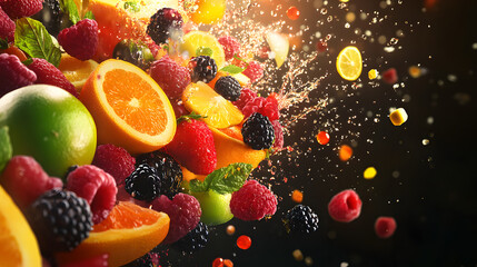vibrant explosion of fresh berries, citrus slices, and mint leaves creates colorful and refreshing scene, evoking sense of joy and vitality
