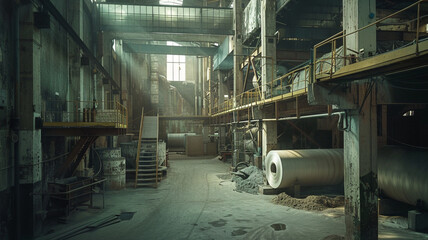 Fototapeta premium In a bustling paper factory, wood pulp is processed into fine-quality paper rolls by advanced machinery. The facility combines efficiency and environmental care, ensuring sustainable 