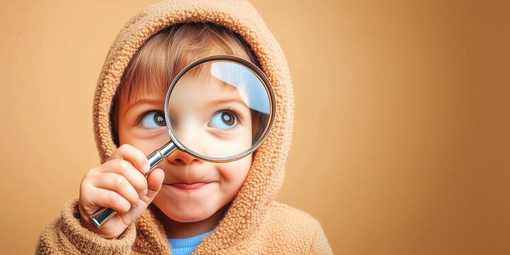 Child see through magnifying glass on light brown background