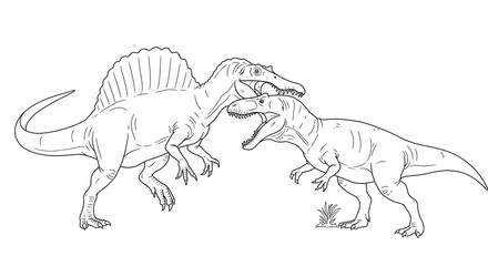Fantastic prehistoric dinosaurs spinosaurus and tyrannosaurus coloring page illustration. Extinct creatures.