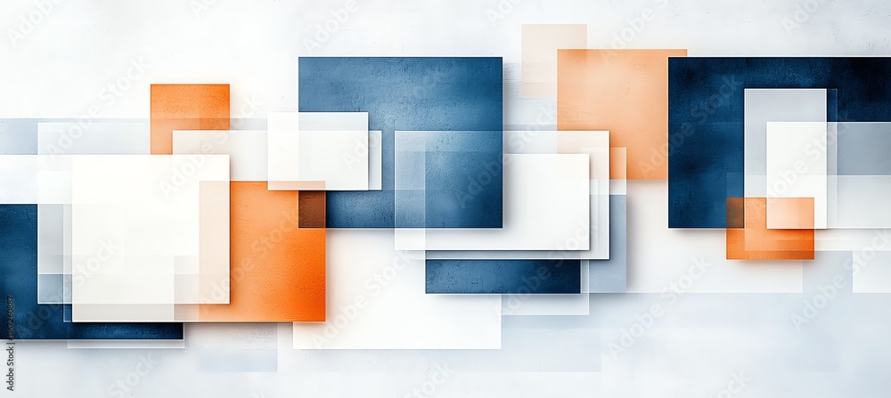 Poster abstract composition with overlapping rectangular shapes in blue, orange, and white tones. modern ge